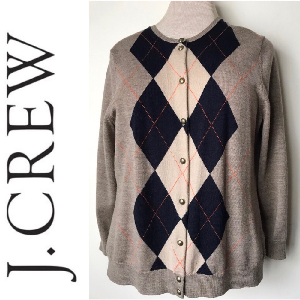 VINTAGE J.CREW TAN WOOL ARGYLE SWEATER 3/4 SLEEVES